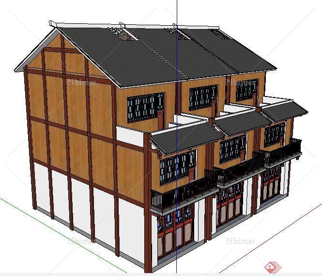 中式风格沿街三层商铺建筑设计su模型