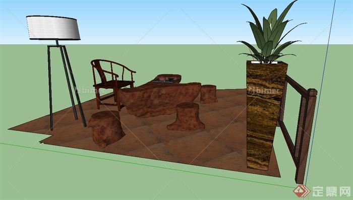 中式室内木茶桌凳设计SU模型