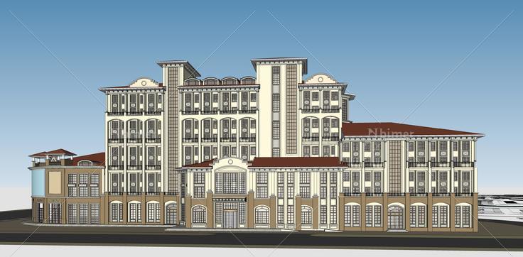 西班牙风格沿街商业建筑群sketchup模型