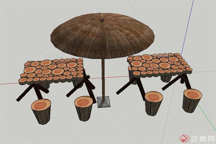 室内外木质桌椅与阳伞设计SU模型
