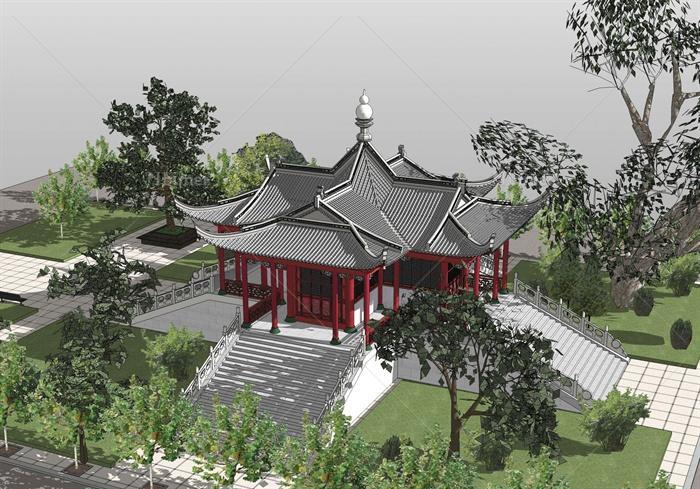 古典中式风格舍利殿建筑设计su模型