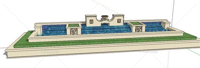 两款精美围墙及景观水池设计Su模型[原创]
