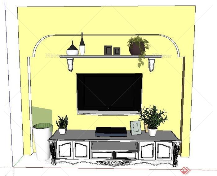 现代室内电视柜、背景墙设计SU模型