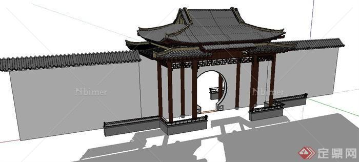 古典中式歇山亭围墙组合设计SU模型