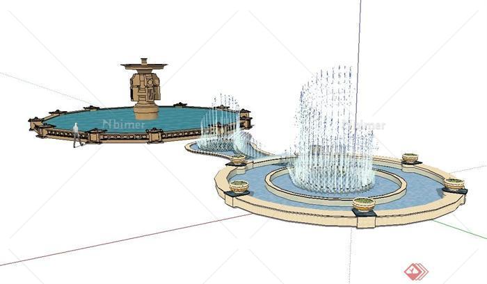两个不同的欧式水钵水池喷泉水池设计su模型[原创