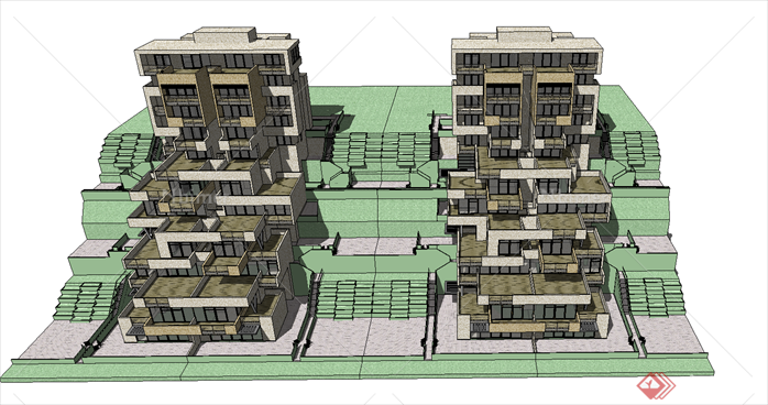 多层联排坡地别墅SU(草图大师)模型