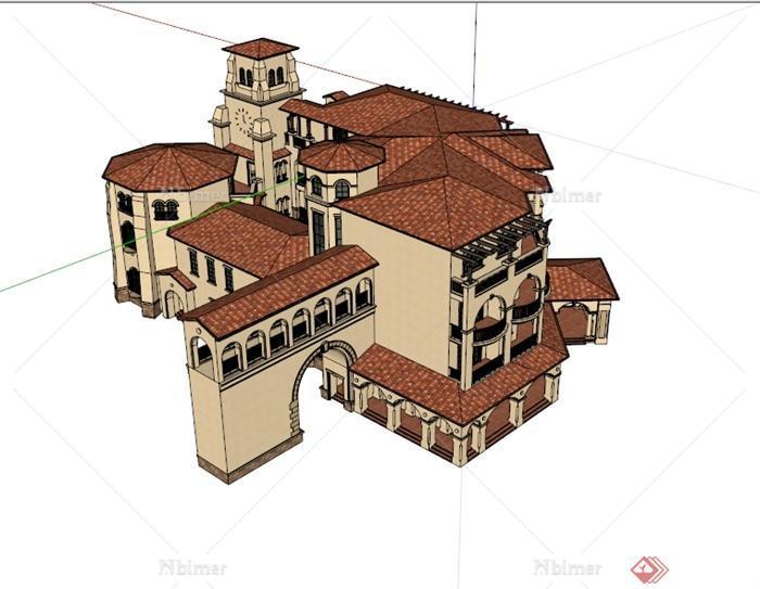西班牙风格小酒店建筑楼设计su模型[原创]