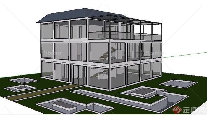 现代三层办公用房办公楼建筑设计su模型