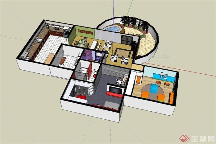 某现代风格大户型住宅空间设计su模型含庭院