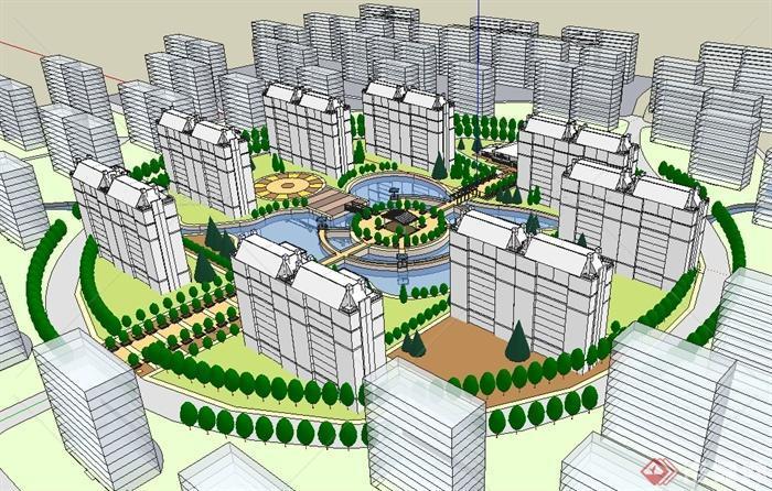 某东南亚风格圆形居住小区规划建筑楼设计su模型