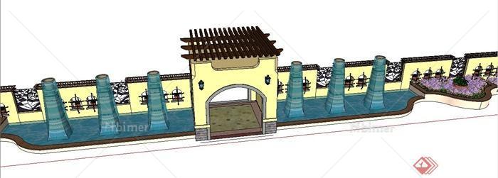 新古典风格围墙、水景、花坛、大门组合su模型