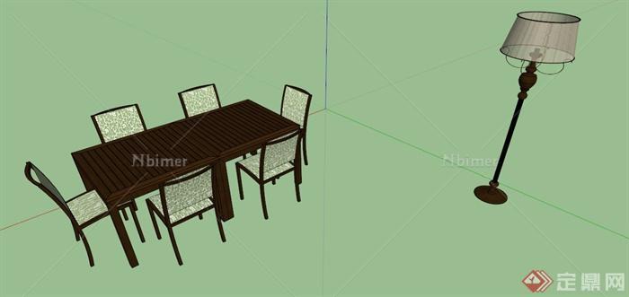 中式餐桌椅和落地灯设计SU模型