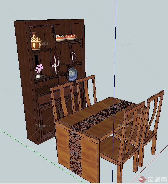 某室内木质桌椅与置物柜设计SU模型