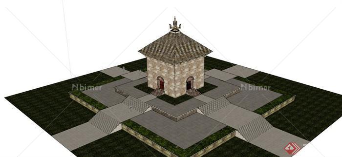 古典中式四门塔建筑设计SU模型[原创]