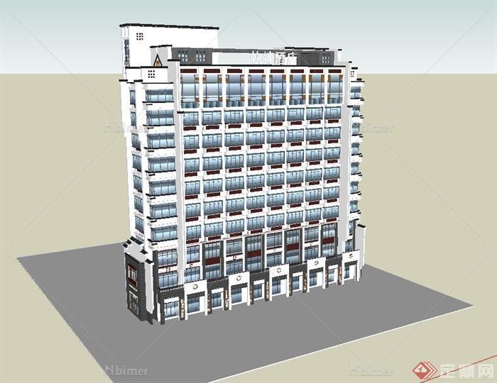 现代中式快捷酒店底层带商铺建筑设计su模型[原创