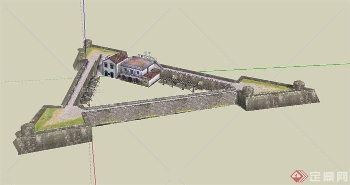 某两层带三角形庭院住宅建筑设计SU模型