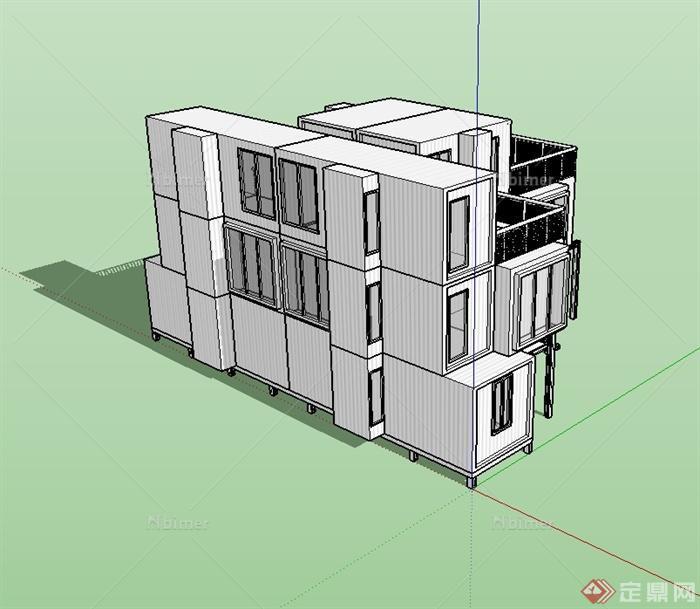 现代风格以集装箱为元素的住宅建筑SU模型[原创]