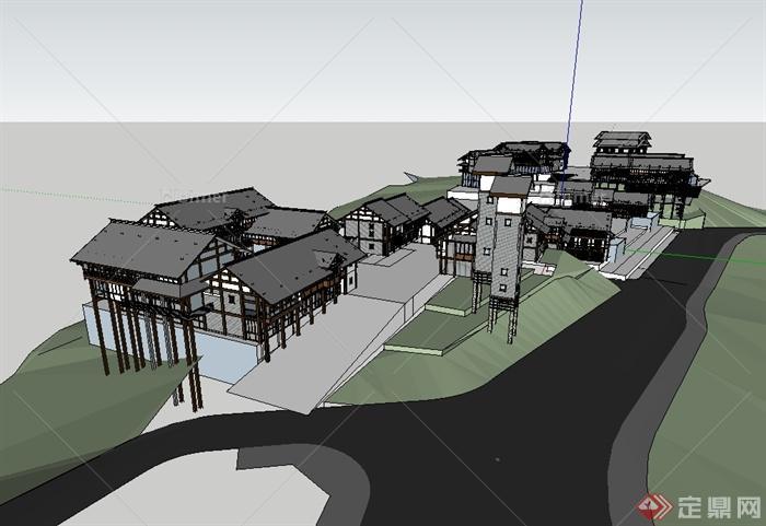 某现代中式风格风情山地商业街建筑楼设计su模型