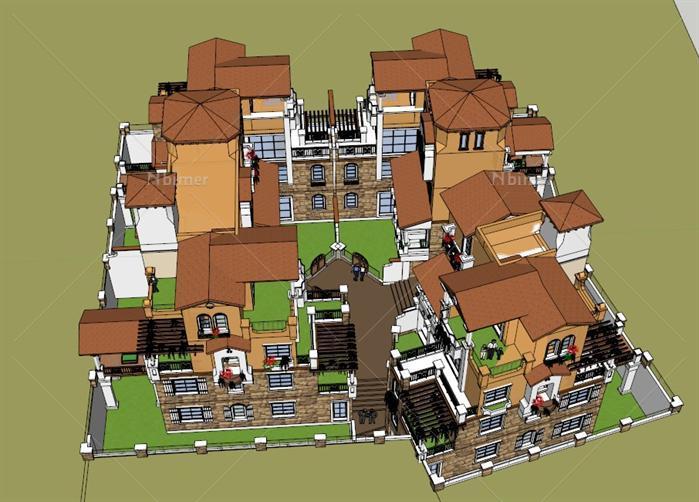 某地中海风格合院住宅建筑设计设计方案su模型[原