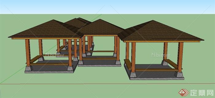 多个木质方形亭子组合设计SU模型