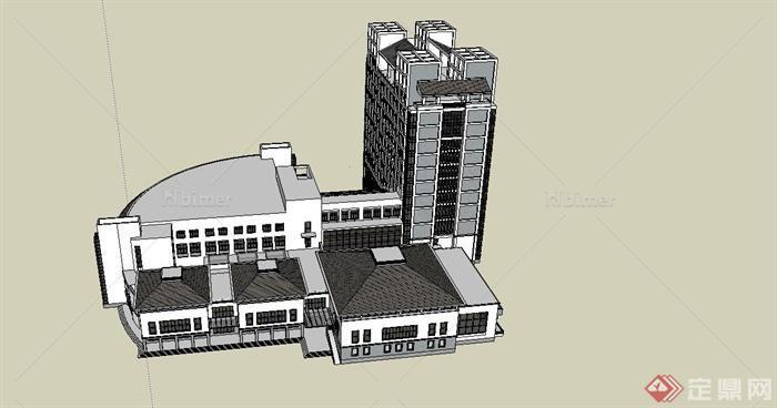 某现代中式风格大学校园图书馆建筑设计SU模型[原