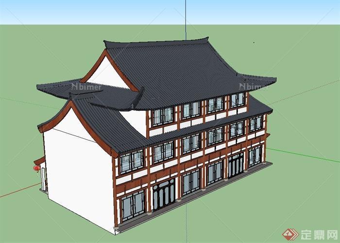 某古典中式三层饭店建筑设计SU模型