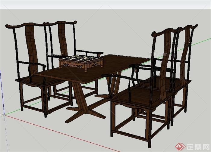 中式风格木制靠椅及木桌su模型