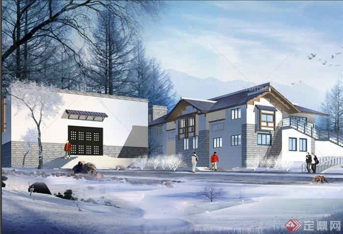现代中式两层住宅建筑雪景设计效果图[原创]