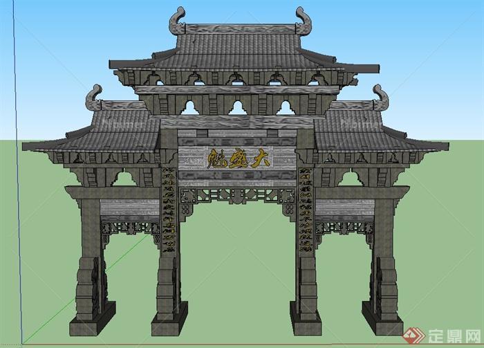 古典中式三房四柱石牌坊设计SU模型