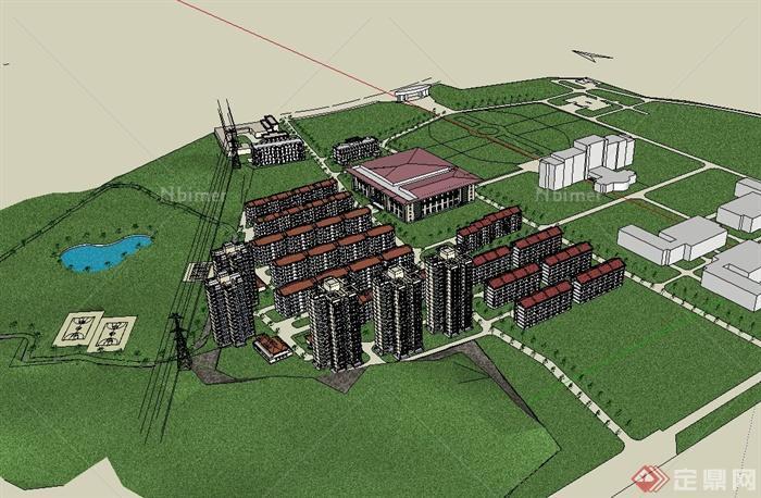 某现代山地学校建筑设计su模型（含教学楼、住宿