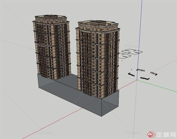 某现代两栋住宅楼设计su模型