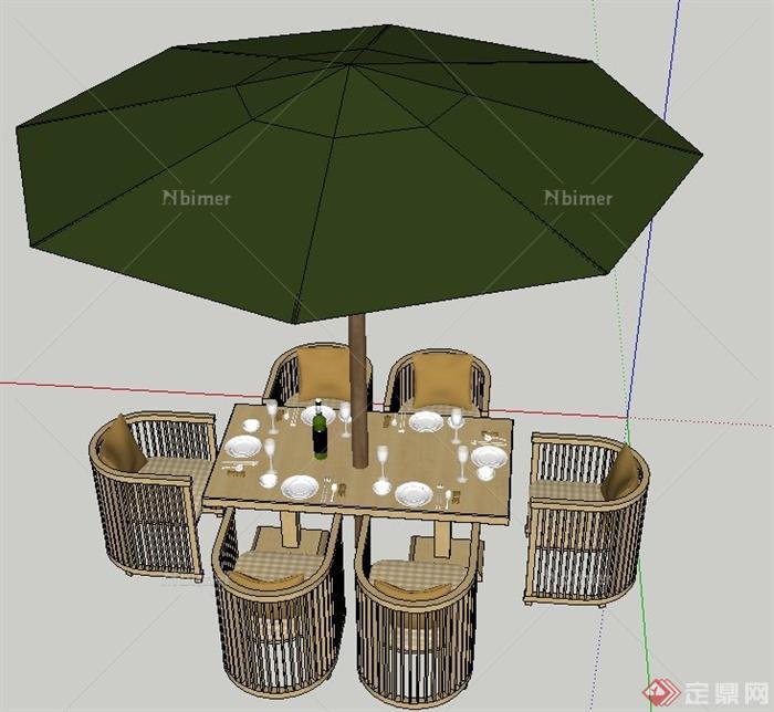 六人室外阳伞桌椅设计SU模型