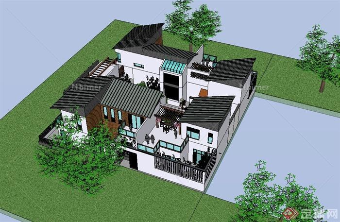 现代中式风格合院式住宅建筑设计su模型[原创]