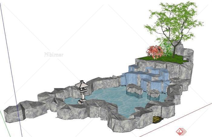 园林景观景石叠水景观su模型
