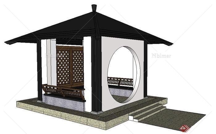 现代中式四角方亭su模型