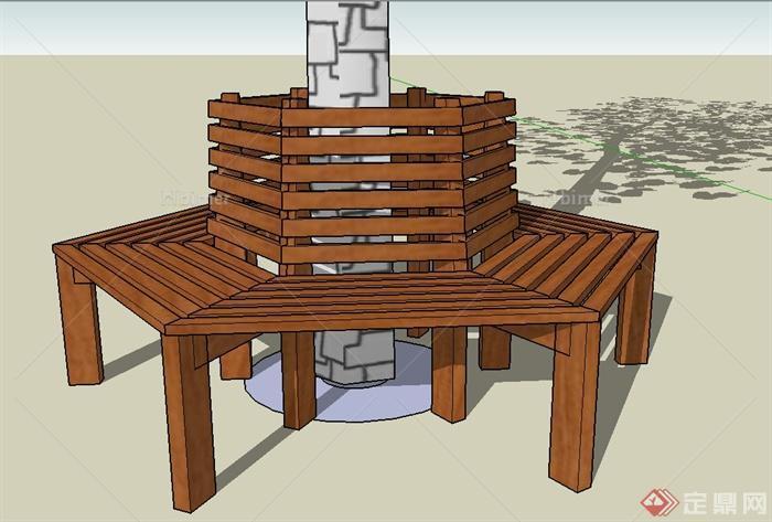 木质六边形树池坐凳设计SU模型[原创]