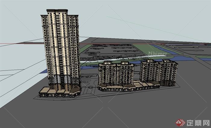 三栋商住楼建筑设计SU模型