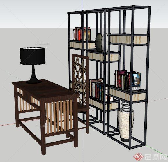 中式风格书桌椅及书架su模型