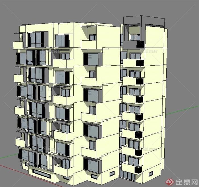 现代某多层梯凸形住宅建筑设计SU模型[原创]