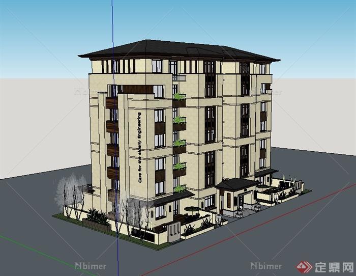 新中式多层住宅公寓楼建筑设计su模型[原创]