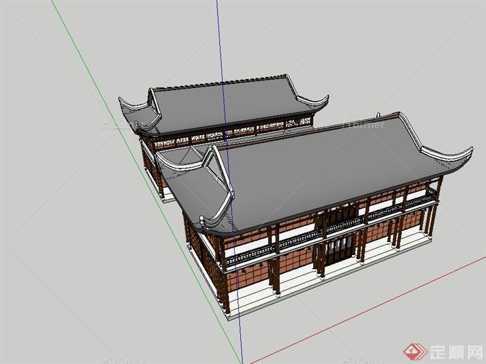 中国古典中式风格两层商业建筑设计su模型[原创]