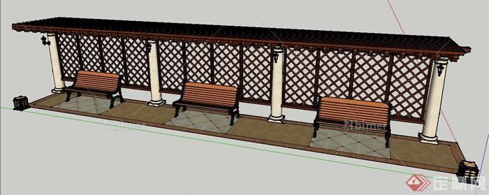 欧式风格木制长廊架、座椅、园灯su模型