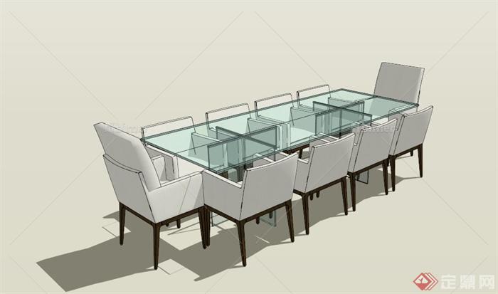 现代玻璃餐桌椅子组合SU模型[原创]
