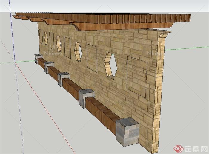 园林景观木廊架与景墙设计SU模型