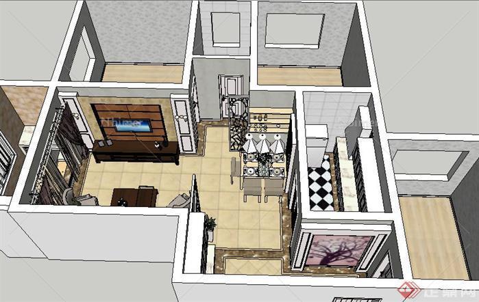 现代风格两居室客厅餐厅装潢方案SU精致设计模型