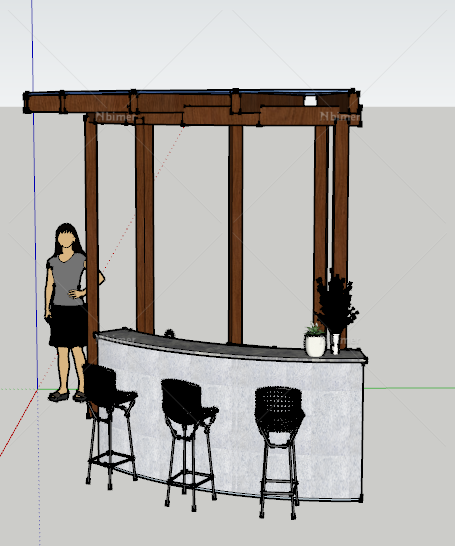 现代廊架兼烧烤台和吧台设计su模型[原创]
