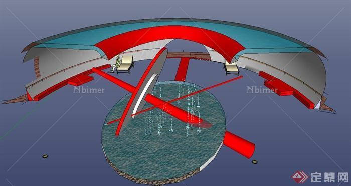 园林景观节点弧形玻璃廊架与喷泉水景设计SU模型