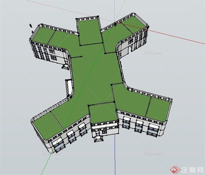 现代米字型两层幼儿园建筑设计SU模型