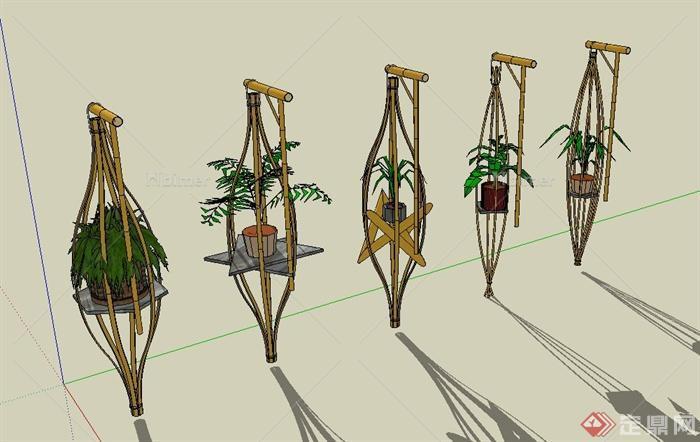 园林景观节点竹制多个花架设计SU模型