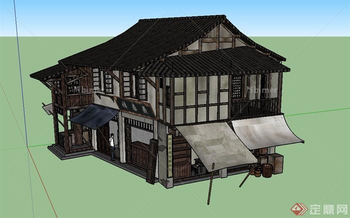 古典中式两层米店建筑设计SU模型